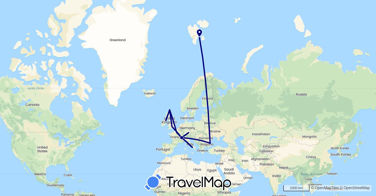 TravelMap itinerary: driving in Bulgaria, Switzerland, Germany, France, United Kingdom, Italy, Norway (Europe)